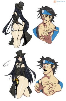  1boy 1other 2koma absurdres armband ass ass_support black_hair black_sleeves blue_headband censored clothing_aside comic commentary cropped_legs detached_sleeves english_commentary g-string glasses gloves guilty_gear guilty_gear_strive hat headband highleg highleg_panties highres huge_ass implied_erection knee_pits long_hair meme mito_anji narrow_waist no_pants novelty_censor own_hands_together paid_reward_available pale_skin panties patreon_logo patreon_username pince-nez pogchamp_(meme) silent_comic straight_hair streachybear testament_(guilty_gear) thick_thighs thighs thong top_hat turning_around underwear white_gloves wide_hips  rating:Questionable score:35 user:tatsumakibreeder