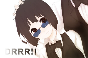  1boy 1girl age_difference bartender black_bow black_bowtie black_hair black_vest bow bowtie brown_eyes commentary_request copyright_name durarara!! hand_on_another's_head head_out_of_frame height_difference heiwajima_shizuo looking_at_viewer nakayama_naka shirt short_hair sonohara_anri sunglasses vest white_background white_shirt 