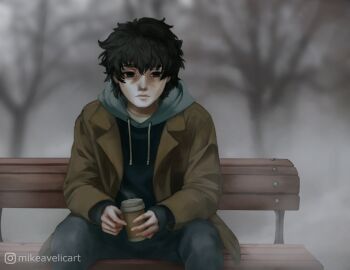  1boy bags_under_eyes bare_tree bench black_eyes black_hair commentary cup disposable_coffee_cup disposable_cup english_commentary exhausted highres holding holding_cup hood hood_down hoodie jacket male_focus messy_hair mikeavelic outdoors shadow_slave short_hair sitting solo spread_legs sunny_(shadow_slave) tree 