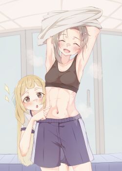  2girls ^_^ abs absurdres armpits arms_up black_sports_bra blonde_hair blue_shorts blush breasts closed_eyes clothes_lift commentary_request grey_hair gym_shorts gym_uniform hair_ornament highres indoors locker locker_room long_hair matcha_tiger77 midriff minowa_gin multiple_girls muscular muscular_female navel nogi_sonoko open_mouth poking ribs shirt shirt_lift short_hair shorts small_breasts smile sports_bra stomach sweat toned undressing washio_sumi_wa_yuusha_de_aru white_shirt yuri yuuki_yuuna_wa_yuusha_de_aru yuusha_de_aru 
