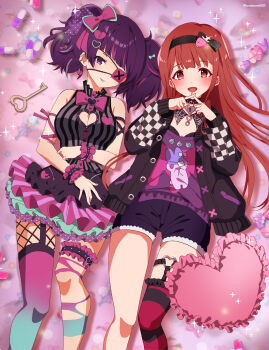  2girls absurdres black_cardigan black_choker black_hairband black_shorts blush bow breasts cardigan checkered_sleeves choker cleavage_cutout clothing_cutout colored_eyepatch commentary_request eyepatch fish_skeleton_hair_ornament frilled_skirt frilled_thigh_strap frills hair_bow hairband heart heart-shaped_lock heart-shaped_pillow heart_choker heart_cutout heart_o-ring highres hikono idolmaster idolmaster_million_live! idolmaster_million_live!_theater_days idolmaster_shiny_colors key layered_skirt long_hair looking_at_viewer lying multiple_girls name_connection o-ring o-ring_thigh_strap official_alternate_costume on_back open_mouth pill pillow print_shirt purple_eyes purple_hair purple_shirt red_eyes red_hair shirt shorts single_thighhigh skirt sleeveless sleeveless_shirt smile straight_hair striped_clothes striped_shirt studded_choker tanaka_kotoha tanaka_kotoha_(only_see_you) tanaka_mamimi thigh_strap thighhighs twintails twitter_username vertical-striped_clothes vertical-striped_shirt 