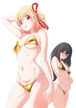  2girls arm_behind_head arm_on_own_stomach belly bikini black_hair blonde_hair blush bob_cut breasts cleavage commentary_request gold_bikini golden_week hair_ribbon highres hip_bones inoue_takina lmtxxn long_hair looking_down lycoris_recoil multiple_girls navel nishikigi_chisato purple_eyes red_eyes red_ribbon ribbon shiny_swimsuit short_hair side-tie_bikini_bottom string_bikini swimsuit thighs tongue tongue_out underboob white_background yuri 