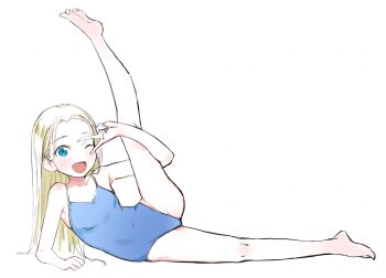 1girl :d bare_arms bare_legs bare_shoulders barefoot blonde_hair blue_eyes blue_one-piece_swimsuit blush borrowed_character dot_nose fang female_focus full_body highres hugging_own_legs kumanomi loli looking_at_viewer lying on_side one-piece_swimsuit one_eye_closed open_mouth original sasha_(haguhagu) simple_background smile solo split swimsuit v v_over_eye white_background rating:Sensitive score:121 user:danbooru