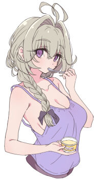  1girl aged_up antenna_hair blush braid braided_ponytail breasts commentary_request eating food grey_hair hair_intakes highres holding holding_food holding_ice_cream holding_spoon ice_cream large_breasts long_hair looking_at_viewer meitantei_precure! mel_(melty_pot) moria_luluka no_bra precure purple_eyes purple_tank_top ribbon simple_background single_braid solo spoon tank_top upper_body white_background 