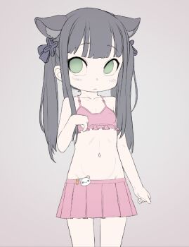  1girl animal_ears black_hair blue_archive bra cat_ears closed_mouth collarbone cowboy_shot female_focus flat_chest green_eyes grey_background hair_ornament long_hair looking_to_the_side navel pink_bra pink_skirt pinkbunnyjuice pleated_skirt shun_(blue_archive) shun_(small)_(blue_archive) sidelocks simple_background skirt solo underwear 