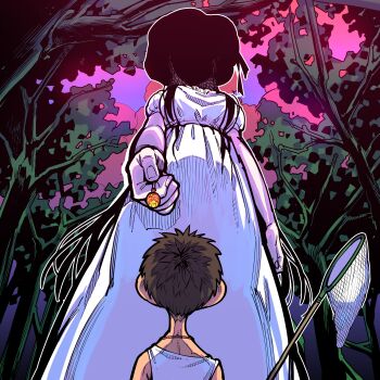  1boy 1girl absurdres black_hair breasts brown_hair butterfly_net candy cloud commentary dress food forest from_below hand_net hasshaku-sama hat highres holding holding_candy holding_food holding_lollipop large_breasts little_mojoi lollipop long_hair nature original outdoors puffy_short_sleeves puffy_sleeves shaded_face short_hair short_sleeves size_difference sky sunset tall_female tank_top tree white_dress you_gonna_get_raped 