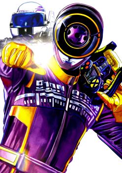  1boy 4ze_meteor absurdres bakuage_sentai_boonboomger bodysuit boonboom_controller bun_violet commentary_request gloves helmet highres male_focus purple_bodysuit purple_helmet solo super_sentai tokusatsu upper_body yellow_gloves 