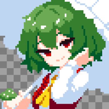  1girl artist_logo ascot checkered_background closed_mouth commentary green_hair grey_background hair_between_eyes hand_in_own_hair hand_up highres holding holding_umbrella kazami_yuuka logo long_sleeves looking_at_viewer mushroom no_nose open_clothes open_vest pixel_art red_eyes red_vest shirt short_hair smile solo takeez3 touhou umbrella upper_body vest white_shirt white_umbrella yellow_ascot 