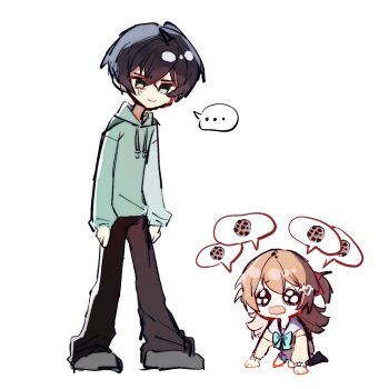  ... 1boy 1girl all_fours aqua_bow aqua_bowtie black_hair black_pants black_shoes black_socks blue_sailor_collar blue_skirt bow bowtie brown_hair cardigan child chocolate_chip_cookie closed_mouth commentary_request cookie drawstring flipped_hair food full_body green_eyes green_hoodie hair_between_eyes hair_ribbon highres hood hoodie kneeling long_hair long_sleeves looking_at_another miniskirt neuro-sama pants pleading_eyes pleated_skirt raised_eyebrows red_ribbon ribbon sailor_collar shoes short_hair simple_background skirt smile socks spoken_ellipsis standing two_side_up vedal987 vedal_ai wavy_mouth white_background yebiyo1206 yellow_cardigan 