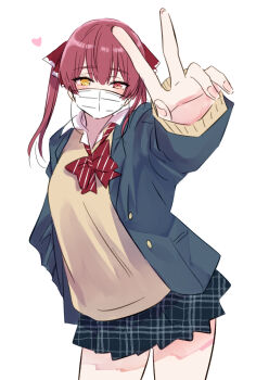  1girl absurdres alternate_costume anko_udachi black_skirt blazer blush bow bowtie buttons commentary_request contrapposto covered_mouth cowboy_shot diagonal-striped_bow diagonal-striped_bowtie diagonal-striped_clothes fingernails foreshortening grey_jacket hair_ribbon hand_in_pocket heart heterochromia highres hololive houshou_marine jacket long_hair long_sleeves looking_at_viewer loose_bowtie mask miniskirt mouth_mask open_clothes open_collar open_jacket outstretched_arm plaid_clothes plaid_skirt pleated_skirt pocket red_bow red_bowtie red_eyes red_hair red_ribbon ribbon school_uniform simple_background skirt sleeves_past_wrists solo standing striped_bow striped_bowtie striped_clothes surgical_mask sweater twintails unbuttoned unmoving_pattern v virtual_youtuber white_background white_mask winter_uniform yellow_eyes yellow_sweater 