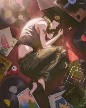  1girl animal_print arm_tattoo barefoot black_hair butterfly_print can closed_eyes denim doloyume drink_can headphones highres impasto jeans lying on_side original pants phonograph shirt short_hair solo sunlight t-shirt tassets tattoo vinyl_record 