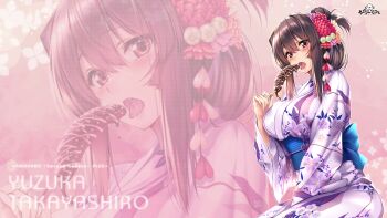  1girl amakano_~second_season~ blue_sash blush breasts character_name chocolate-covered_food chocolate_banana copyright_name eating floral_print floral_print_kimono food hair_between_eyes hair_ornament hair_up hand_up highres holding holding_food japanese_clothes kanzashi kimono large_breasts long_sidelocks looking_at_viewer obi official_art open_mouth pink_background piromizu print_kimono purple_kimono saliva saliva_trail sash sidelocks sitting solo takayashiro_yuzuka tongue tongue_out wide_sleeves zoom_layer 