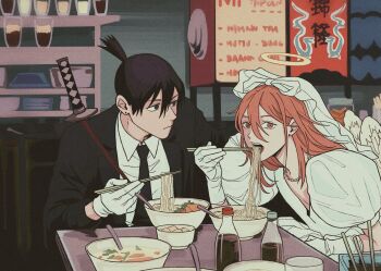  2boys angel angel_devil_(chainsaw_man) angel_wings black_hair black_jacket black_necktie chainsaw_man chopsticks closed_mouth collared_shirt couple crossdressing crossdressing_(mtf) dress eating florbetriz food gloves hair_between_eyes halo hashtag-only_commentary hayakawa_aki highres holding holding_chopsticks jacket long_hair looking_at_another looking_at_viewer male_focus multiple_boys necktie noodles open_mouth ramen shirt short_hair suit_jacket teeth topknot traditional_halo weapon weapon_on_back wedding_dress white_gloves white_shirt white_wings wings yaoi 