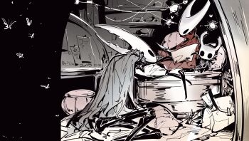  1girl 2others absurdres backpack bag book bulletin_board chair check_spoilers chinese_commentary cloak collared_cloak commentary_request doorway family_bonding fireflies grey_cloak high_collar highres holding holding_book hollow_knight hollow_knight_(character) hornet_(hollow_knight) indoors knight_(hollow_knight) multiple_others on_chair open_book qishitian_de_yuji reading red_cloak scroll siblings sitting size_difference spoilers string_of_light_bulbs torn_clothes yokozuwari 