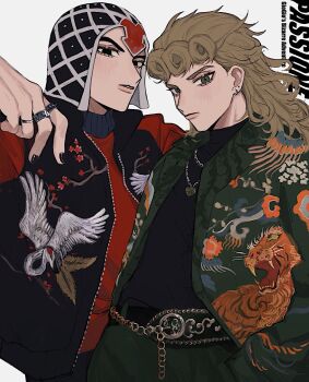  2boys belt black_hat black_nails black_shirt closed_mouth copyright_name earrings giorno_giovanna green_jacket green_pants guido_mista hands_in_pockets hashtag-only_commentary hat highres jacket jewelry jojo_no_kimyou_na_bouken male_focus multiple_boys necklace neg_50asu pants parted_lips red_shirt ring shirt vento_aureo 