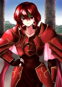  1girl absurdres arm_guards armor breastplate cape closed_mouth collarbone commentary commission dress fingerless_gloves fire_emblem fire_emblem:_mystery_of_the_emblem frown gloves green_headband grey_cape hand_on_own_hip headband highres looking_at_viewer minerva_(fire_emblem) nintendo pixiv_commission red_armor red_cape red_dress red_eyes red_gloves red_hair short_hair shoulder_armor signature studio_sugimoto two-sided_cape two-sided_fabric 