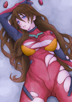  1girl absurdres alternate_breast_size_(larger) alternate_hair_length alternate_hairstyle blue_eyes blush bodysuit breasts brown_hair cowboy_shot curvy delarocha82 evangelion:_3.0+1.0_thrice_upon_a_time hair_between_eyes hair_down highres interface_headset_(evangelion) large_breasts long_hair lying mecha_pilot_suit neon_genesis_evangelion on_back open_mouth parted_lips plugsuit_(evangelion) rebuild_of_evangelion red_bodysuit shiny_clothes simple_background smile solo souryuu_asuka_langley torn_bodysuit torn_clothes white_background wide_hips 