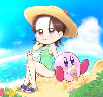  1boy 1girl adeleine alien beach blue_eyes blue_sky blush brown_eyes brown_hair brown_sandals cloud colored_skin commentary_request day eating flower food forehead green_one-piece_swimsuit hat hat_flower holding holding_food holding_ice_cream holding_ice_cream_cone holding_popsicle ice_cream ice_cream_cone kirby kirby_(series) kirby_64 lens_flare licking_lips looking_at_viewer neironyshino nintendo ocean one-piece_swimsuit orange_flower pink_skin popsicle red_flower sand sandals short_hair sky sparkle star_(symbol) star_in_eye sun_hat swimsuit swimsuit_skirt symbol_in_eye tongue tongue_out water yellow_flower  rating:Sensitive score:6 user:danbooru