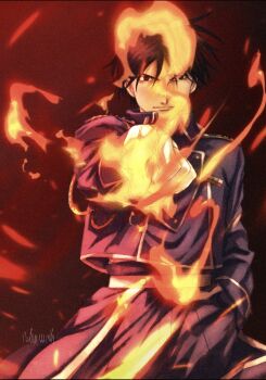  1boy aiguillette amestris_military_uniform arm_at_side artist_name black_background black_eyes black_hair blue_jacket blue_pants closed_mouth collared_jacket commentary cowboy_shot english_commentary fire fullmetal_alchemist gloves hand_in_pocket highres jacket light_smile long_sleeves looking_at_viewer male_focus messy_hair military_jacket military_uniform pants pointing pointing_at_viewer rdmmrth red_background roy_mustang serious signature simple_background smile smirk solo spiked_hair standing tsurime white_gloves 