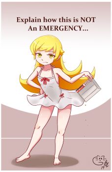  1girl artist_logo bare_shoulders barefoot blonde_hair closed_mouth confused dress english_text eyelashes fang female_focus full_body gradient_background grey_background hand_on_own_hip hand_up leaning_forward logo loli looking_at_viewer matching_hair/eyes monogatari_(series) oshino_shinobu poethewondercat pointy_ears simple_background sleeveless sleeveless_dress solo standing two-tone_background vampire white_background white_dress yellow_eyes 