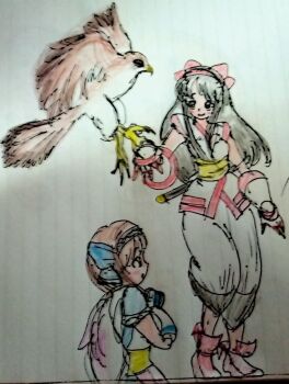 2girls ainu_clothes arm_up artist_name black_eyes black_hair blue_hair breasts brown_eyes brown_hair curvy from_side hair_ribbon hand_on_own_hip highres legs long_hair looking_to_the_side mamahaha medium_breasts multiple_girls nakoruru pants ribbon rimururu samurai_spirits short_hair siblings sideboob sisters small_breasts smile snk thighs traditional_media weapon