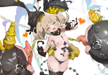  1girl animal_ears arm_tattoo arms_at_sides between_breasts black_nails black_pantyhose black_shoes blonde_hair blunt_bangs blush blush_stickers breasts breasts_apart commentary_request contrapposto crown detached_ears drill_hair fur_collar green_eyes highres leg_tattoo medium_breasts mesugaki monster_girl nail_polish narrow_waist nipples open_mouth original pantyhose petite pilokey rabbit_ears shoes smile smug solo tattoo thighs tongue tongue_out topless_female twin_drills twintails underwear underwear_only v_over_face wide_hips wrist_cuffs 