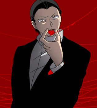  1boy black_hair blazer candy candy_heart commentary_request eating facing_to_the_side food formal_clothes giovanni_(pokemon) grey_eyes hand_up heart high_contrast holding holding_candy holding_food jacket lowres male_focus nintendo open_mouth pokemon pokemon_frlg red_background shirt string string_of_fate suit sun-baby turning_head upper_body white_shirt 