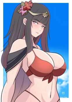  1girl alternate_costume bare_shoulders bikini black_cape black_hair breasts cape cleavage fire_emblem fire_emblem_awakening fire_emblem_heroes flower hair_flower hair_ornament highres ihsnet long_hair looking_at_viewer nintendo official_alternate_costume purple_eyes red_bikini solo swimsuit tharja_(fire_emblem) tharja_(summer)_(fire_emblem) wet 
