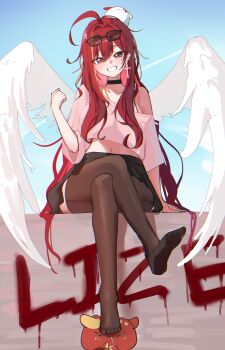  1girl absurdres ahoge akane_lize arm_at_side arm_support black_skirt black_thighhighs breasts character_name commentary creature crop_top crop_top_overhang cropped_shirt cross cross_earrings crossed_legs dated_commentary double-parted_bangs earrings eyewear_on_head full_body graffiti grey_eyes grin hair_between_eyes hair_intakes hand_up highres jewelry large_breasts long_bangs long_hair midriff miniskirt mole mole_under_eye multicolored_hair navel no_shoes off-shoulder_shirt off_shoulder pienna_(akane_lize) pink_shirt red_hair shirt single_bare_shoulder single_earring single_off_shoulder sitting skirt smile solo stellive stepped_on stepping_on_non-human streaked_hair sunglasses thighhighs three-quarter_sleeves very_long_hair virtual_youtuber white_wings wings yeomhwauranyum 