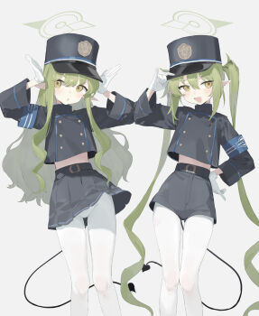 2girls black_hat black_jacket black_shorts black_skirt black_tail blue_archive blush buttons demon_tail double-breasted fang gloves green_hair green_halo halo hat hikari_(blue_archive) nozomi_(blue_archive) highres jacket long_hair long_sleeves multiple_girls pantyhose parted_lips peaked_cap pleated_skirt pointy_ears sh_(shinh) shorts sidelocks simple_background skin_fang skirt smile tail twintails white_background white_gloves white_pantyhose yellow_eyes rating:Sensitive score:39 user:danbooru