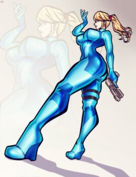  1girl absurdres ass blonde_hair blue_bodysuit blue_eyes bodysuit breasts grey_background gun highres holding holding_gun holding_weapon long_hair metroid nico_artoo nintendo ponytail samus_aran thigh_strap weapon zero_suit 