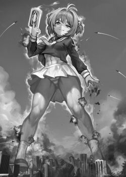  abs aircraft airplane cardcaptor_sakura city clow_card destruction evil_smile explosion fighter_jet giant giantess hair_bobbles hair_ornament kinomoto_sakura loli midriff_peek military_vehicle monochrome navel panties school_uniform short_hair smile stomach striped_clothes striped_panties tomoeda_elementary_school_uniform underwear upskirt yilx 