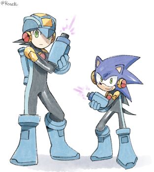 2boys arm_cannon blue_bodysuit blue_helmet bodysuit cosplay crossover full_body green_eyes helmet highres koasku male_focus mega_man_(series) mega_man_battle_network_(series) megaman.exe megaman.exe_(cosplay) multiple_boys simple_background sonic_(series) sonic_the_hedgehog weapon white_background 