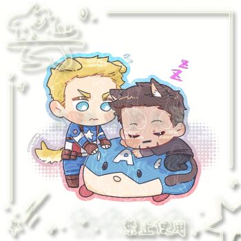  2boys animal_ear_fluff animal_ears artist_name avengers_(series) belt black_pants black_shoes blonde_hair blue_bodysuit blue_eyes blush bodysuit boots bright_pupils brown_belt brown_boots brown_gloves brown_hair brown_shirt captain_america cat_ears cat_tail chibi chibi_only closed_eyes closed_mouth commission dog_ears dog_tail facial_hair fingerless_gloves flying_sweatdrops full_body gloves highres kemonomimi_mode layered_sleeves long_sleeves looking_at_another lying male_focus marvel multiple_boys no_mouth on_side pants pocket shadow shajiang144584 shirt shoes short_hair short_over_long_sleeves short_sleeves simple_background sleeping standing star_(symbol) star_print steve_rogers striped_bodysuit superhero_costume tail tony_stark tsum-tsum v-shaped_eyebrows white_background white_pupils zzz 