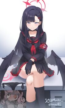  <|>_<|> 2girls absurdres armband black_choker black_hair black_panties black_sailor_collar black_serafuku black_skirt black_socks black_wings blue_archive blue_eyes blush choker closed_mouth collarbone commentary_request crossed_legs desk hair_ornament hairclip halo head_wings highres ichika_(blue_archive) koharu_(blue_archive) korean_commentary legs long_sleeves looking_at_viewer low_wings mako_draw01 multiple_girls neckerchief on_desk open_mouth panties pink_hair pink_halo pleated_skirt red_armband red_halo red_neckerchief sailor_collar school_uniform serafuku side-tie_panties simple_background sitting skirt smile socks solo_focus surprised thighs twitter_username under_table underwear unusually_open_eyes unworn_panties wavy_mouth wet wet_clothes wet_panties white_background wings 