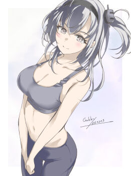  1girl alternate_costume blush bra breasts commentary_request cowboy_shot gakky grey_bra grey_eyes grey_hair hachimaki hair_between_eyes headband highres kantai_collection long_hair looking_at_viewer one_side_up pants smile solo sports_bra suzutsuki_(kancolle) underwear white_background yoga_pants 
