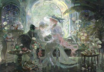  1boy 1girl absurdly_detailed_composition absurdres ankle_strap apple arched_window architecture art_nouveau asymmetrical_sidelocks balance_scale black_jacket blue_butterfly blue_eyes blue_ribbon book book_stack bottle brooch bug bust_(sculpture) butterfly chaise_longue chinese_commentary choppy_bangs closed_mouth collared_shirt commentary commission couch cropped_jacket crystal crystal_ball cup curtained_hair dagger detached_collar domino_mask drawer dress drinking_glass earrings expressionless eye_mask eyewear_strap feather_fan flower folded_fan folding_fan food framed_insect fruit full_body glasses green_nails green_shoes hand_fan hand_on_another's_thigh hand_up hat hat_feather highres holding holding_fan hourglass indoors insect jacket jacket_on_shoulders jade_(gemstone) jar jewelry knife knife_sheath lantern lao_gai_xiao_bao long_dress long_hair long_sleeves looking_at_viewer mask mihuashi_commission mole mole_under_eye nail_polish neck_tassel oc_x_canon on_couch orange_lips original pants parted_bangs parted_lips peacock_feathers perfume_bottle picture_hat pink_hair pitcher_(container) plant poppy_(flower) potted_plant puffy_long_sleeves puffy_sleeves red_flower ribbon sculpture seashell semi-rimless_eyewear sheath sheathed shell shirt shoes short_hair side_slit sidelocks siphon sitting sitting_on_lap sitting_on_person socks stained_glass table tassel tears_of_themis tile_floor tiles under-rim_eyewear unworn_mask vase very_long_hair vyn_richter_(tears_of_themis) weapon weighing_scale white_dress white_hair white_hat white_jacket white_pants white_shirt white_shoes white_socks window yellow_eyes 