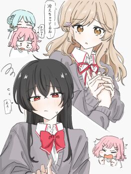  >_< :3 amaori_renako aqua_hair black_hair blush brown_hair chibi clenched_hands commentary_request flower_hairpin hair_ornament hand_on_another's_head highres idimushoten koto_satsuki koyanagi_kaho long_hair pink_hair school_uniform sena_ajisai short_hair squiggle sweatdrop watashi_ga_koibito_ni_nareru_wake_naijan_murimuri! wavy_mouth 