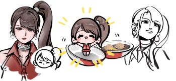  1girl atreedown black_eyes brown_hair chibi closed_eyes earrings highres jewelry long_hair mole mole_under_mouth okada_mei open_mouth real_life red_shirt shirt simple_background sleeveless sleeveless_shirt voice_actor white_background 