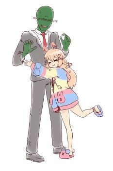  1girl 4chan absurdres animal_ears anonymous_(4chan) blue_ribbon braid formal_clothes highres hug jacket long_hair open_clothes open_jacket phase_connect pink_eyes pink_hair pink_ribbon pipkin_pippa rabbit_ears rabbit_girl ribbon slippers suit sweater virtual_youtuber  rating:Sensitive score:20 user:yamatsukami987