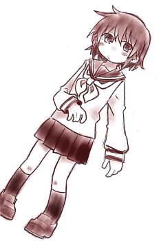 1girl blush closed_mouth dutch_angle female_focus flat_chest full_body hand_up highres kneehighs kude_rei_(ponnu_(tnpn2yw)) long_sleeves looking_to_the_side miniskirt monochrome neckerchief nose_blush original pigeon-toed pleated_skirt ponnu_(tnpn2yw) sailor_collar school_uniform serafuku shirt shoes short_hair simple_background skirt socks solo standing white_background