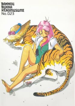  1990s_(style) 1girl bannou_bunka_nekomusume barefoot closed_eyes copyright_name green_one-piece_swimsuit hat knee_up long_hair natsume_atsuko non-web_source official_art one-piece_swimsuit pink_hair resting retro_artstyle sitting solo straw_hat sun_hat swimsuit tiger towel towel_around_neck 