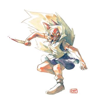  1girl armlet bare_arms blood bloody_knife cape commentary dagger dress english_commentary full_body highres holding holding_dagger holding_knife holding_weapon hood hood_up hooded_cape jewelry knife mask mononoke_hime necklace purple_dress san_(mononoke_hime) short_dress simple_background skelinor socks solo tooth_necklace vest weapon white_background white_cape white_socks white_vest 