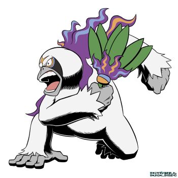  angry ape commentary_request full_body gen_7_pokemon hand_fan highres holding holding_fan kuroki_shigewo nintendo on_one_knee open_mouth oranguru pokemon pokemon_(creature) pokemon_focus simple_background solo teeth white_background 