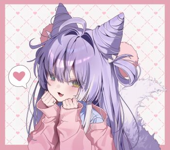  0_o_s_k 1girl :d ahoge blue_shirt blush border cardigan commentary cone_hair_bun dot_nose double_bun fang green_eyes grid_background hair_between_eyes hair_bun hair_intakes hashtag-only_commentary head_rest heart heart_background heterochromia highres long_hair long_sleeves looking_at_viewer open_mouth outside_border pink_border pink_cardigan purple_hair shirt smile solo spoken_heart stellive tenko_shibuki two_side_up upper_body virtual_youtuber white_background yellow_eyes 