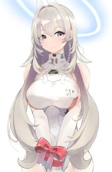  1girl absurdres animal_ears bare_shoulders blush bodysuit breasts chaos_zero_nightmare commentary_request covered_navel detached_sleeves grey_hair hair_between_eyes halo highres horns kosawa_77 large_breasts long_hair looking_at_viewer mechanical_horns purple_eyes red_ribbon restrained ribbon sereniel_(chaos_zero_nightmare) sideboob sidelocks solo very_long_hair white_bodysuit white_sleeves 