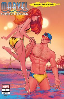  1boy 1girl abs absurdres arm_hair backwards_hat barefoot bikini black_trim blue_hat brown_hair character_logo chest_hair comic_cover company_name copyright_logo copyright_name couple cover cover_page cyclops_(x-men) english_text fiery_hair floating floating_hair gradient_hair hat hetero highres holding_hands husband_and_wife jean_grey jewelry leg_hair logo long_hair looking_at_another male_swimwear marvel medium_hair multicolored_hair muscular muscular_arms muscular_male navel navel_hair nipples official_alternate_costume official_art opaque_sunglasses orange_hair orange_sky phoenix_(x-men) profile red-tinted_eyewear ring russell_dauterman scott_summers short_hair sky sun swimsuit tinted_eyewear wading water wedding_ring x-men yellow_bikini yellow_male_swimwear 