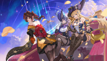  absurdres adjusting_clothes adjusting_headwear ascot asymmetrical_sidelocks bare_shoulders black_corset black_flower black_hat black_pantyhose black_rose black_thighhighs blonde_hair blue_cape blue_eyes blue_gem blue_hair blue_hat bodice breasts brown_hair cape chiori_(genshin_impact) clorinde_(genshin_impact) closed_mouth cloud commentary_request corset crossed_legs dress drill_hair drill_ponytail drill_sidelocks epaulettes flower flying_squirrel fold-over_gloves framed_breasts gem genshin_impact god_hunter hair_between_eyes hair_ornament hair_stick hat hat_feather hat_flower highres holding holding_umbrella japanese_clothes kimono kneeling lace-trimmed_collar lace_trim large_breasts long_hair_between_eyes looking_at_viewer navia_(genshin_impact) open_mouth outdoors pantyhose parted_lips pencil_skirt purple_ascot purple_eyes red_eyes red_sash revision riding rose sash shirt short_kimono sidelocks sitting skirt sky squirrel star_(sky) starry_sky strapless strapless_dress taut_clothes taut_shirt thighhighs tricorne two-tone_legwear umbrella yellow_kimono 