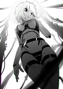  belt_around_waist blurry blurry_foreground bodysuit breasts chromatic_aberration commentary cowboy_shot cyberpunk depth_of_field from_below greyscale hair_ornament hairclip halo_framing hand_on_own_chest head_tilt highres legs_together looking_at_viewer marie_(peripeteia) medium_breasts medium_hair monochrome parted_lips peripeteia sakotano science_fiction white_background 