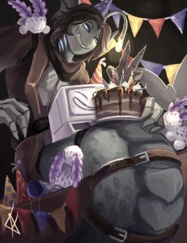  1boy anglerfish_boy animal belt black_hair blue_sclera bunting burning cake candle colored_sclera empty_eyes fake_alex fang fire food from_below gills glowing glowing_eyes grin happy_birthday hat highres jacket joints male_focus monitor painter_(pressure) party_hat pressure_(roblox) robot_joints scarf sea_bunny sebastian_solace skin_fang smile table 